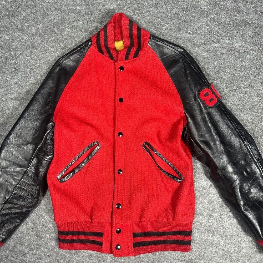 Rare Vintage 80s Kaye Bros Varsity Jacket Red Wool Leather Mens 36 Sikeston - Picture 14 of 16